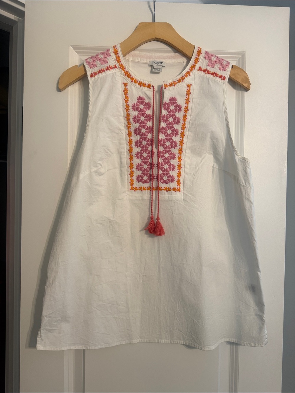 J. Crew White Sleeveless Embroidered Tank with Pink and Orange Accents
